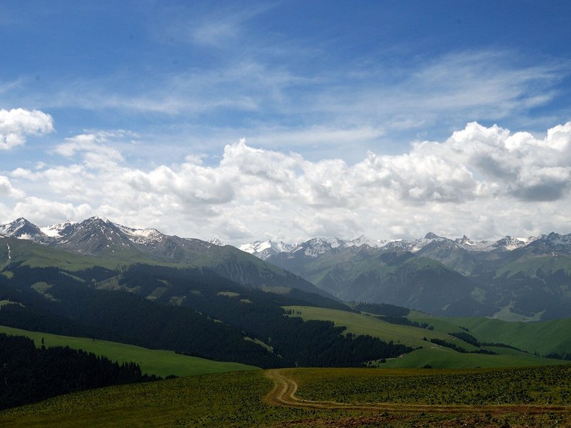 喀拉峻草原起伏山丘与雪山